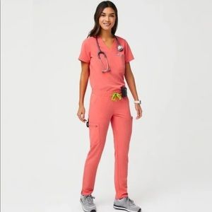 Figs Scrubs Top & Jogger Pants - Hot Coral